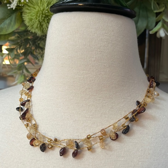 Gold Beautiful natural 3-string gold thread mixed stone necklace - Picture 3 of 8